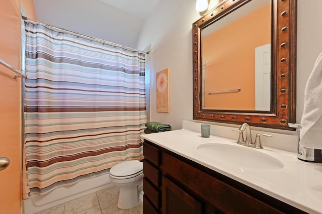 full bath featuring vanity, toilet, shower / tub combo, and tile patterned flooring