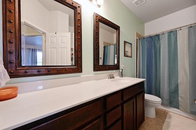 full bath with tile patterned floors, visible vents, toilet, and vanity