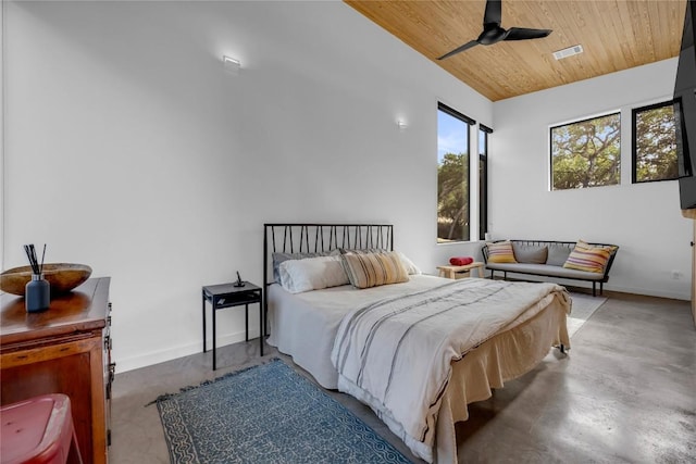 bedroom featuring wooden ceiling, finished concrete flooring, baseboards, and visible vents