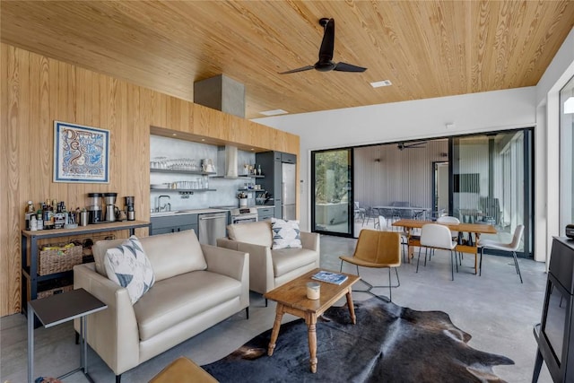 living area featuring wooden walls, visible vents, ceiling fan, wood ceiling, and vaulted ceiling