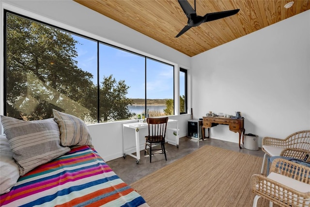 bedroom featuring ceiling fan, finished concrete floors, vaulted ceiling, wood ceiling, and a water view