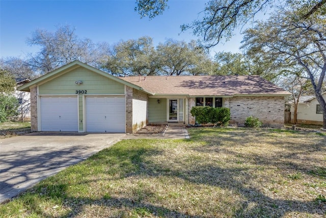 ranch-style home featuring brick siding, a front lawn, concrete driveway, and a garage