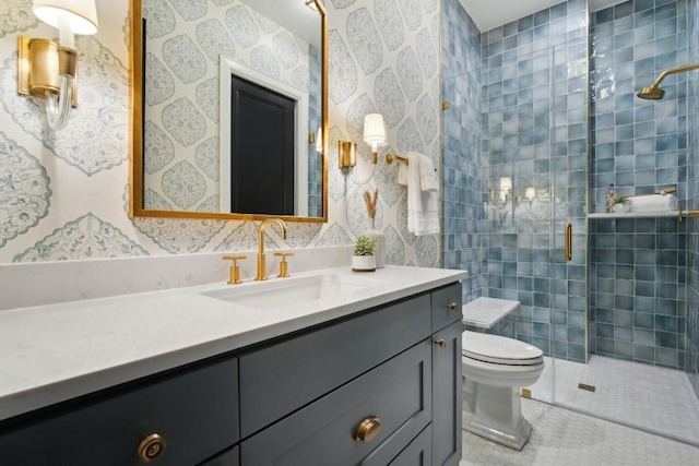 full bath with vanity, wallpapered walls, tile patterned flooring, a shower stall, and toilet