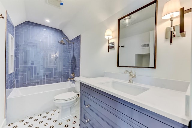 bathroom featuring vanity, shower / bathing tub combination, toilet, and visible vents