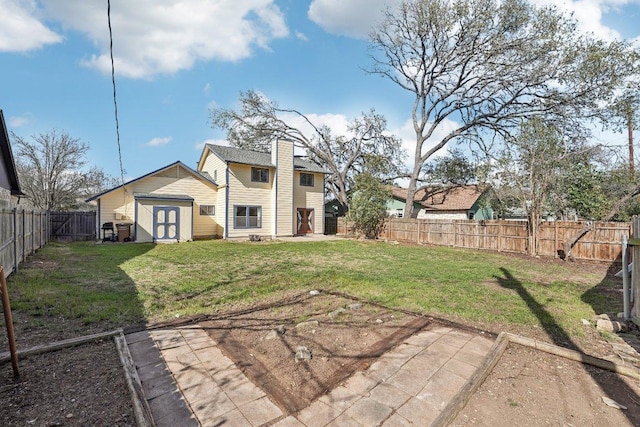 5217 Summerset Trl, Austin, TX 78749 - rear view of property featuring a fenced backyard, a chimney, a patio area, and a storage shed