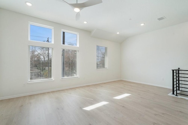 empty room featuring recessed lighting, visible vents, baseboards, and light wood-style floors