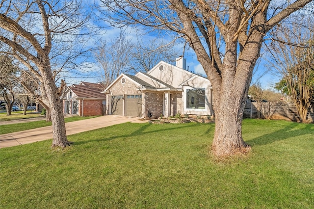 view of front of property with a front yard, an attached garage, a chimney, concrete driveway, and brick siding