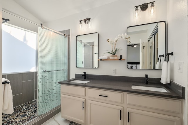 full bath featuring plenty of natural light, a tile shower, and a sink