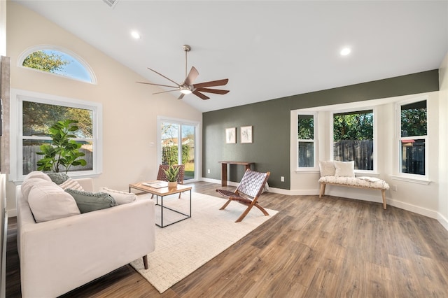 living room with recessed lighting, baseboards, wood finished floors, and a ceiling fan