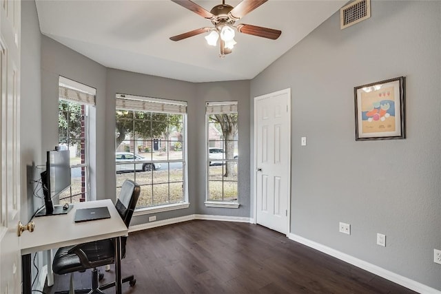 office area featuring visible vents, baseboards, and a healthy amount of sunlight