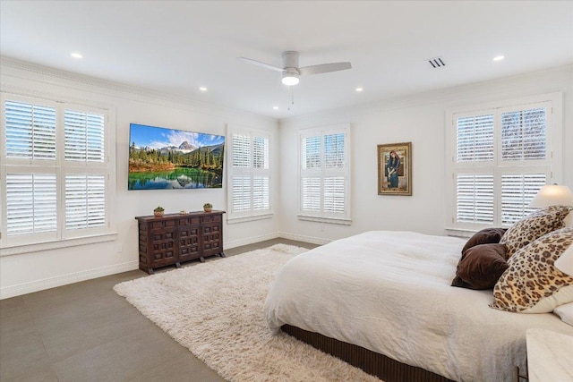 bedroom with recessed lighting, visible vents, multiple windows, and baseboards