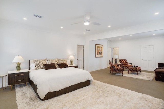 carpeted bedroom featuring visible vents, crown molding, baseboards, ceiling fan, and recessed lighting