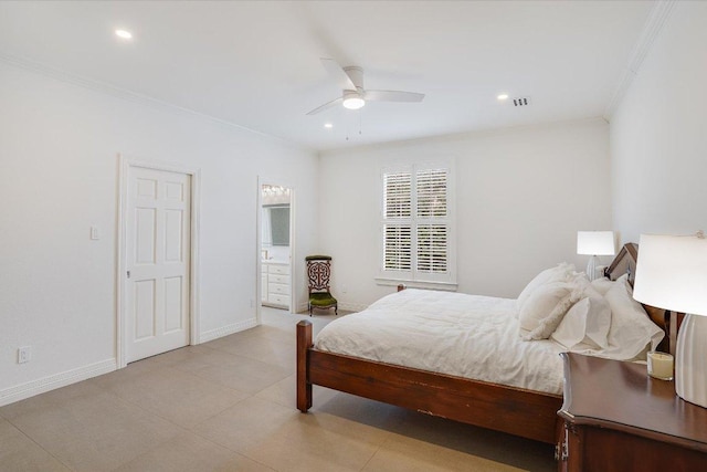 bedroom featuring ensuite bathroom, recessed lighting, crown molding, baseboards, and ceiling fan