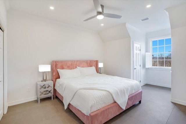 bedroom featuring recessed lighting, visible vents, baseboards, and ornamental molding