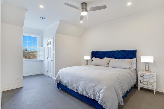 bedroom with crown molding, recessed lighting, baseboards, and visible vents