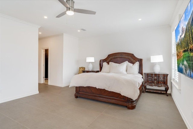 bedroom featuring visible vents, ornamental molding, recessed lighting, baseboards, and ceiling fan