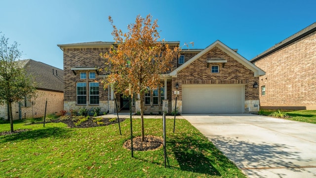 view of front of house featuring driveway, stone siding, an attached garage, a front yard, and brick siding