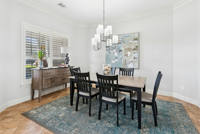 dining area featuring baseboards, visible vents, ornamental molding, tile patterned floors, and a notable chandelier