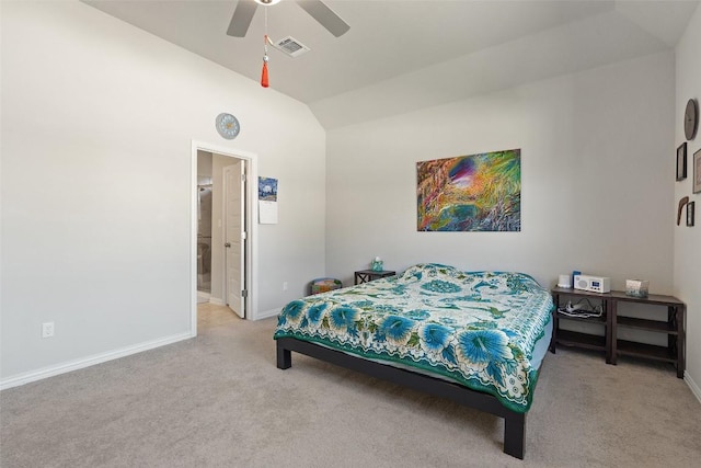 bedroom with vaulted ceiling, baseboards, visible vents, and carpet floors