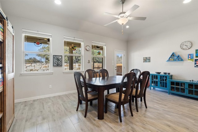 dining space featuring ceiling fan, baseboards, light wood-style flooring, and recessed lighting