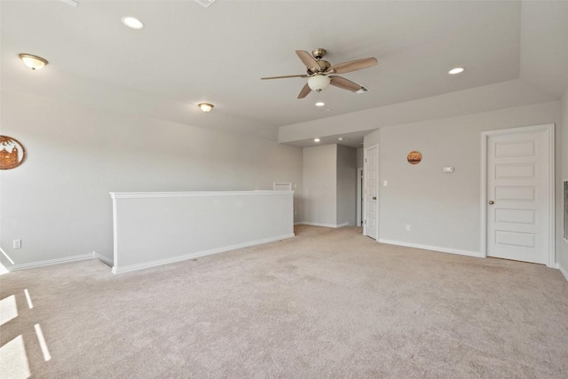 unfurnished room with a ceiling fan, recessed lighting, baseboards, and light carpet