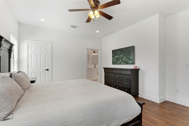 bedroom with visible vents, baseboards, recessed lighting, dark wood-style floors, and a ceiling fan