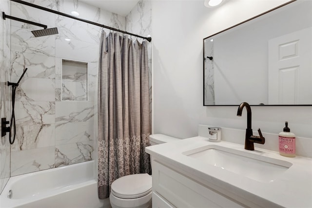 full bathroom with vanity, toilet, and shower / bath combo with shower curtain