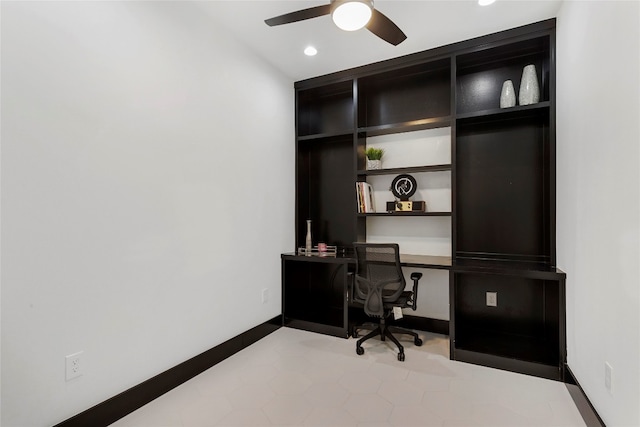 office space with recessed lighting, baseboards, and ceiling fan