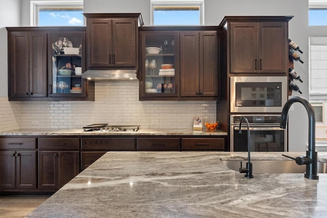 kitchen with dark brown cabinets, appliances with stainless steel finishes, under cabinet range hood, and a sink