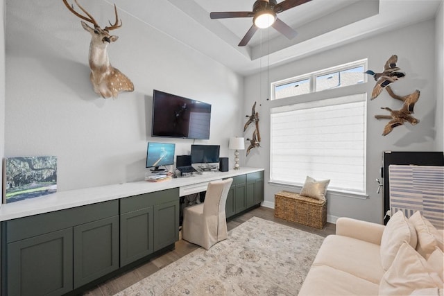 office featuring a wealth of natural light, light wood-type flooring, a raised ceiling, and a ceiling fan