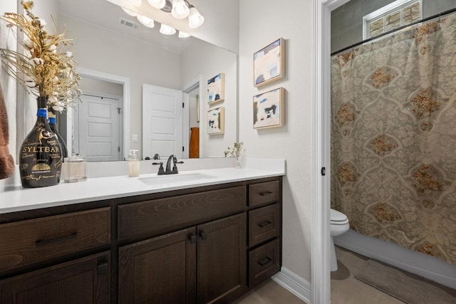 bathroom with a shower with shower curtain, visible vents, toilet, and vanity