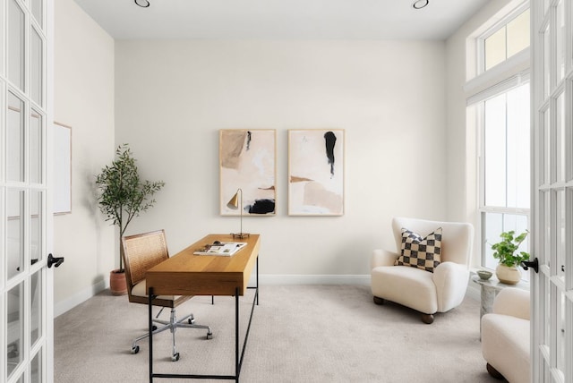 home office featuring french doors, baseboards, and carpet flooring