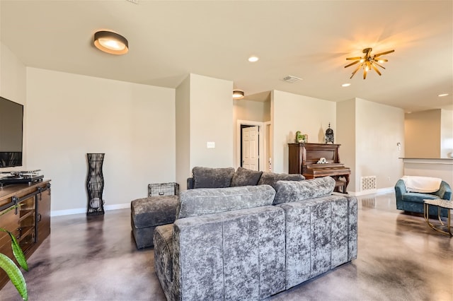 living room featuring visible vents, recessed lighting, baseboards, and concrete floors