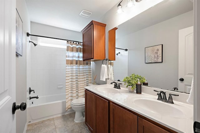 full bath with shower / bath combination with curtain, toilet, visible vents, and a sink