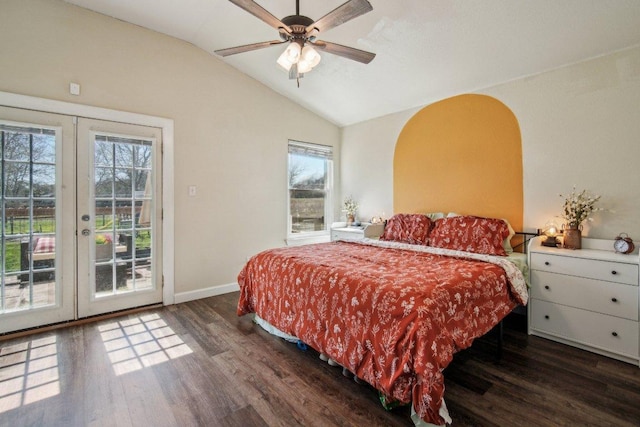 bedroom with wood finished floors, french doors, baseboards, access to exterior, and vaulted ceiling