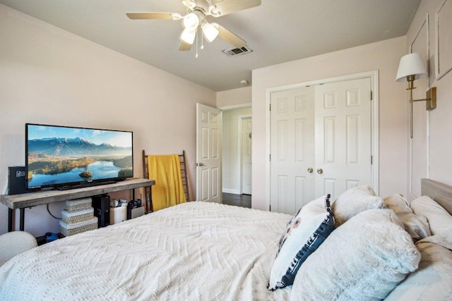 bedroom with visible vents, a closet, and ceiling fan