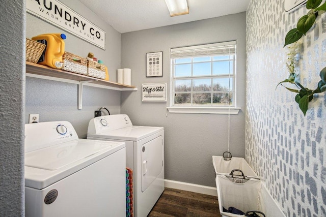 washroom with laundry area, baseboards, independent washer and dryer, and dark wood-style flooring