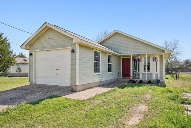 ranch-style home with aphalt driveway, covered porch, fence, and a front yard