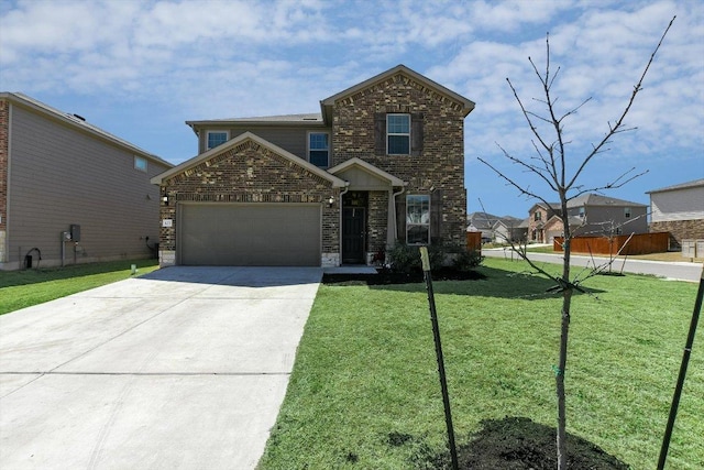 view of front of house with a front yard, driveway, a garage, and stone siding