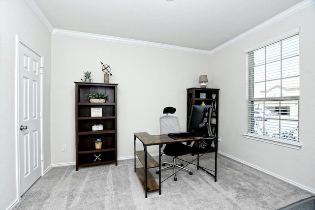 office area with baseboards, light colored carpet, and crown molding