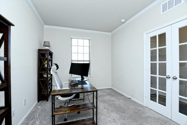 office space with visible vents, crown molding, baseboards, carpet flooring, and french doors