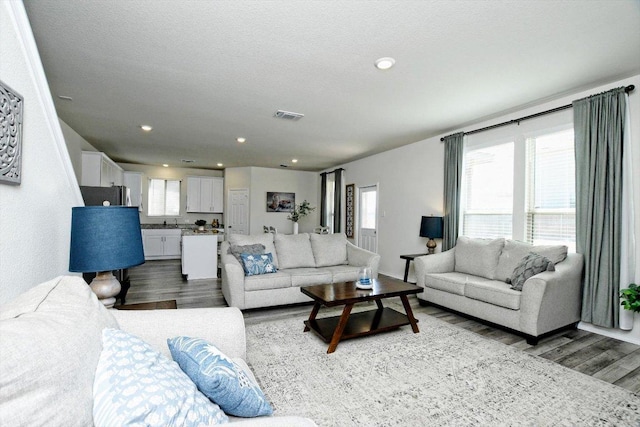 living area featuring plenty of natural light, wood finished floors, and visible vents