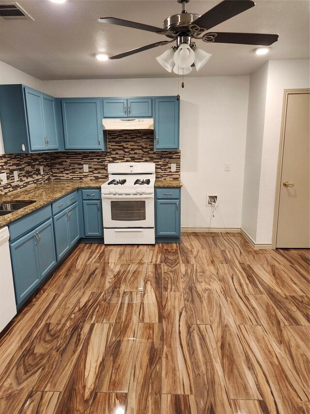 11801 Briarcreek Loop, Manor, TX 78653 - kitchen with white gas range oven, blue cabinets, under cabinet range hood, and tasteful backsplash
