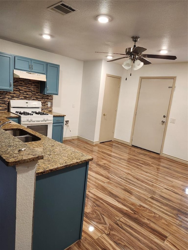 11801 Briarcreek Loop, Manor, TX 78653 - kitchen with blue cabinets, white gas stove, under cabinet range hood, a ceiling fan, and decorative backsplash