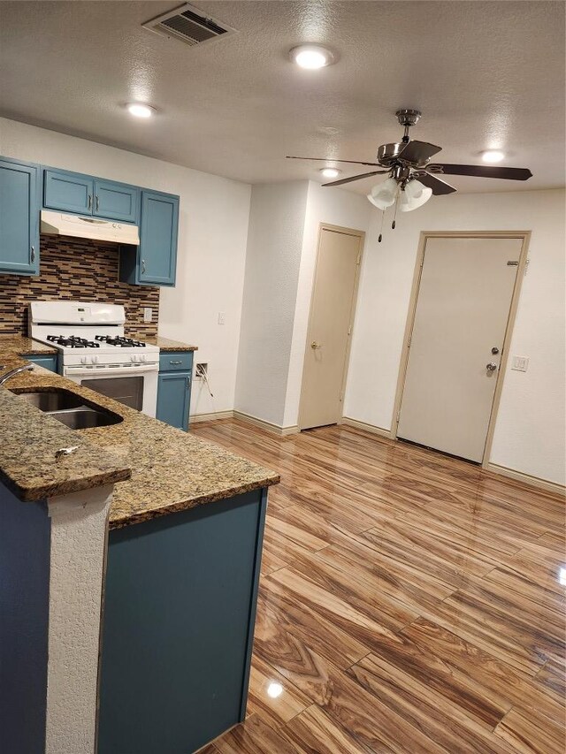 11801 Briarcreek Loop, Manor, TX 78653 - kitchen featuring blue cabinets, gas range gas stove, a ceiling fan, decorative backsplash, and under cabinet range hood