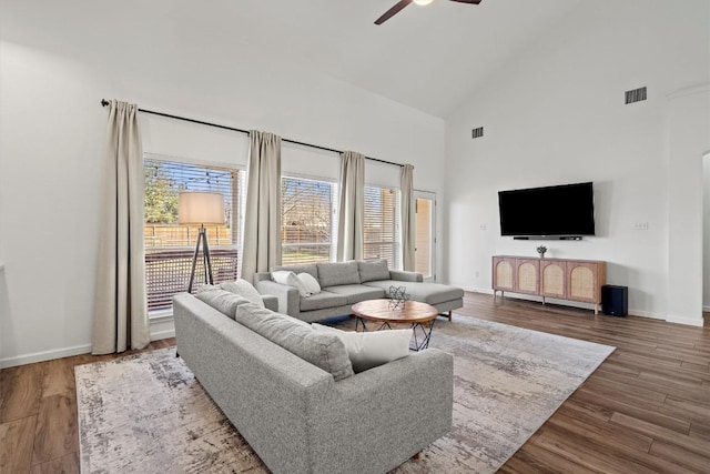18516 Silent Water Way, Pflugerville, TX 78660 - living area featuring high vaulted ceiling, a ceiling fan, baseboards, and wood finished floors