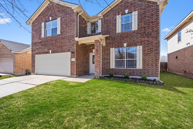 18516 Silent Water Way, Pflugerville, TX 78660 - traditional-style house featuring brick siding, a garage, concrete driveway, and a front lawn