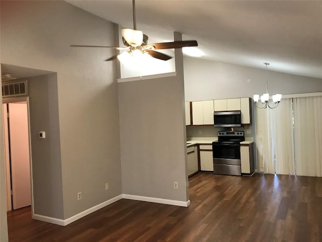 kitchen with dark wood-style floors, white cabinets, ceiling fan with notable chandelier, and stainless steel appliances