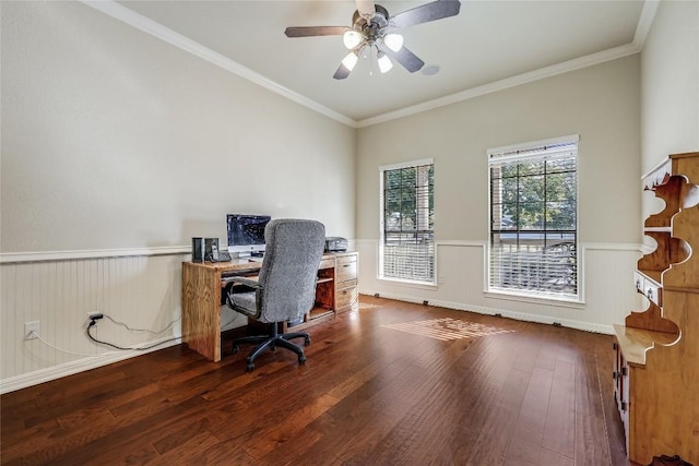 office area featuring wainscoting, ceiling fan, ornamental molding, and hardwood / wood-style floors