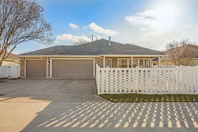 ranch-style house with concrete driveway, fence, a garage, and roof with shingles